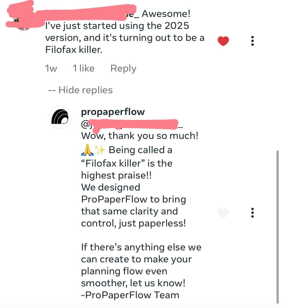 Screen capture of a social media post with a reply from ProPaperFlow on a white background
